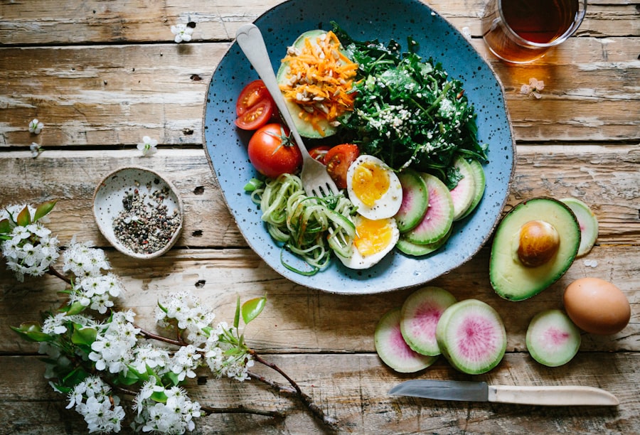 Fresh, colorful whole foods on a wooden table